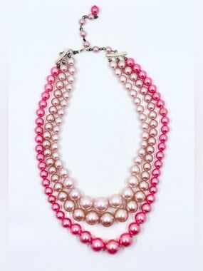 Vintage JAPAN Multi Strand Pink Glass Graduated Pearl Necklace 14-17”
